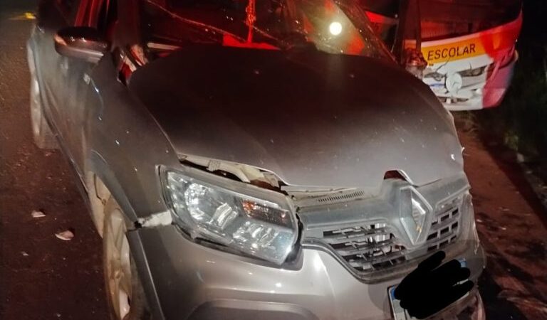 Colisão entre carro e ônibus escolar deixa idoso ferido na SC-449, em Sombrio
