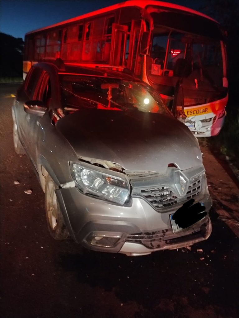 Colisão entre carro e ônibus escolar deixa idoso ferido na SC-449, em Sombrio