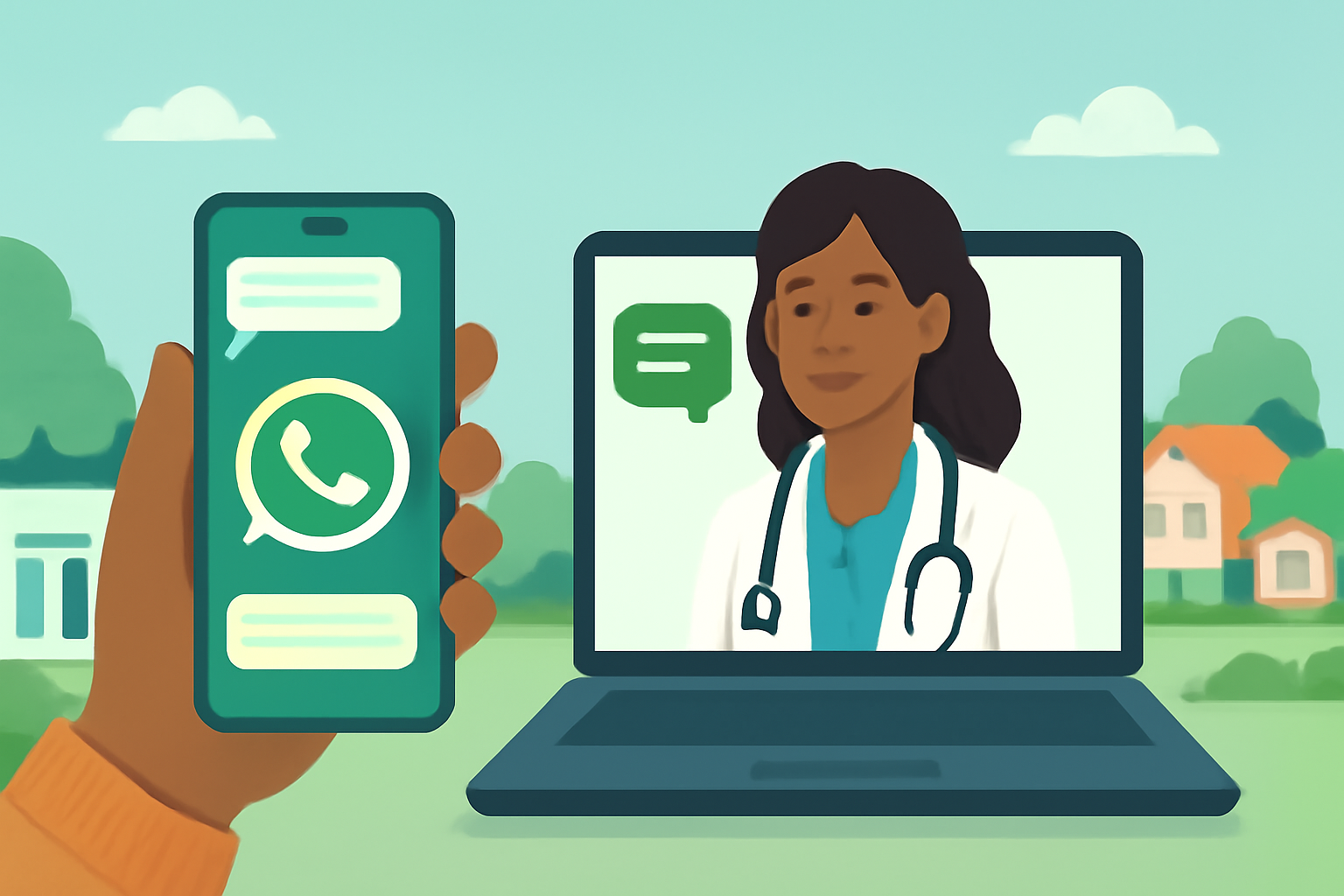 tele saúde transforma acesso: capa horizontal 16:9 de Meleiro com WhatsApp, sem textos escritos