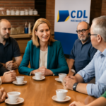 café presidente fortalece laços: imagem de empresários e CDL de Araranguá discutindo desafios locais.