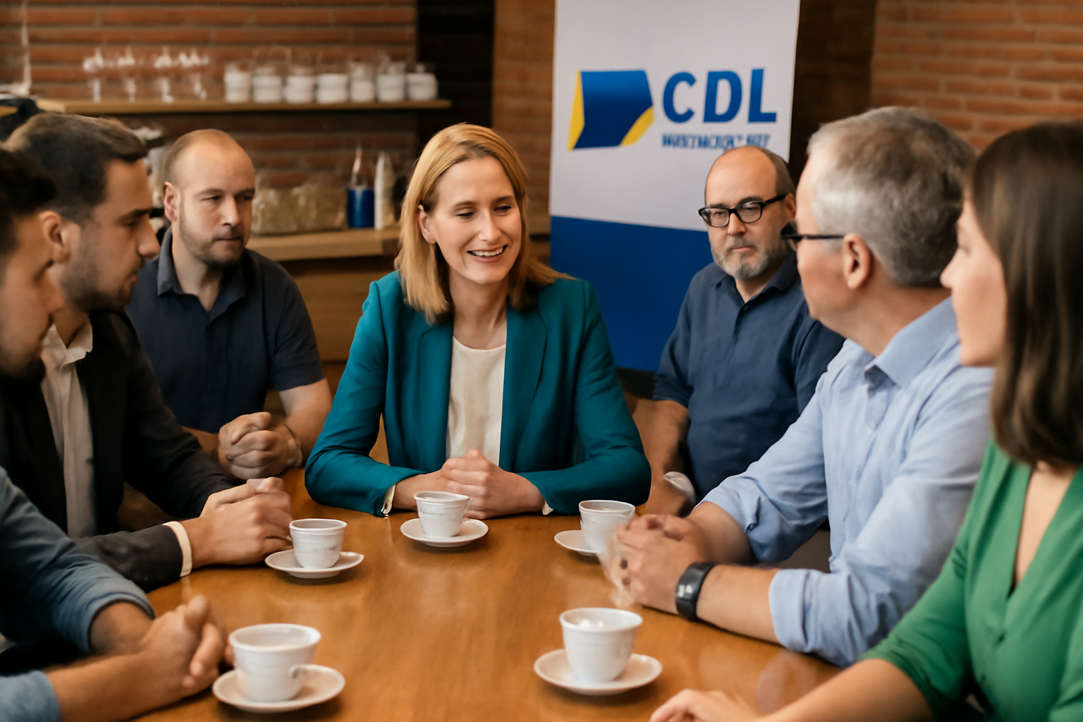 café presidente fortalece laços: imagem de empresários e CDL de Araranguá discutindo desafios locais.