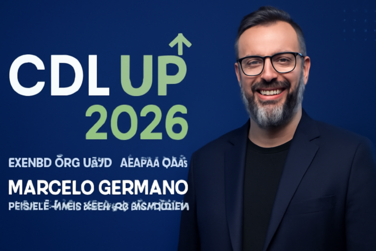 Capa horizontal 16:9 sem textos, representando cdl up 2026 araranguá foco em transformação empresarial Marcelo Germano