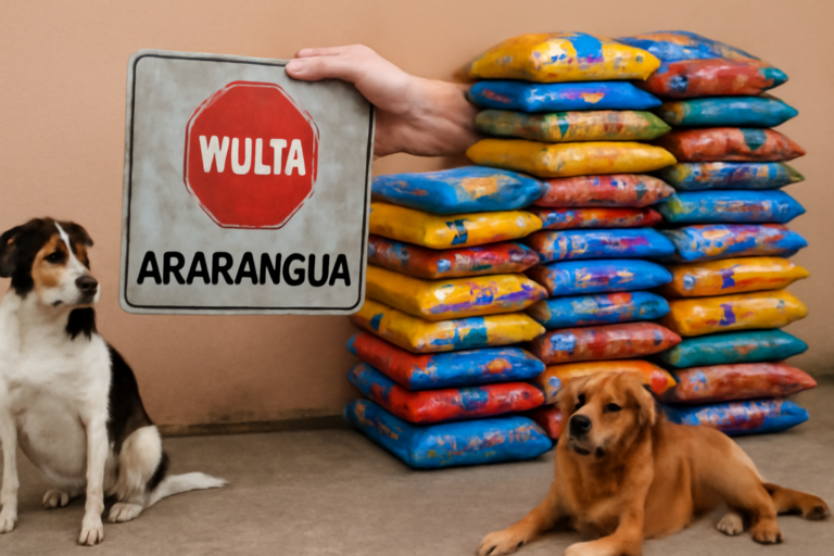 Capa horizontal 16:9 sem textos escritos, representando multa abandono cães araranguá com 690 kg de ração doada para proteção animal