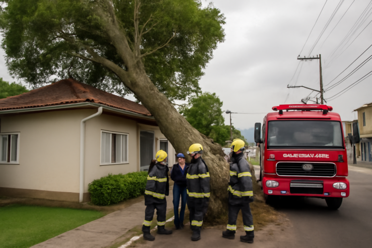 Imagem de capa horizontal com árvore 12 metros ameaça casa no Centro de Maracajá, mobilizando Bombeiros para evacuação.