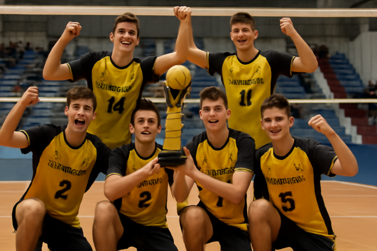 vôlei forquilhinha campeão série: capa horizontal 16:9 mostrando Sub-16 celebrando título no próprio ginásio